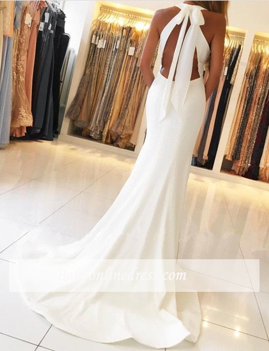 Simple Halter Mermaid Evening Dresses Open Back Side Slit Prom Dresses Sleeveless qq0381