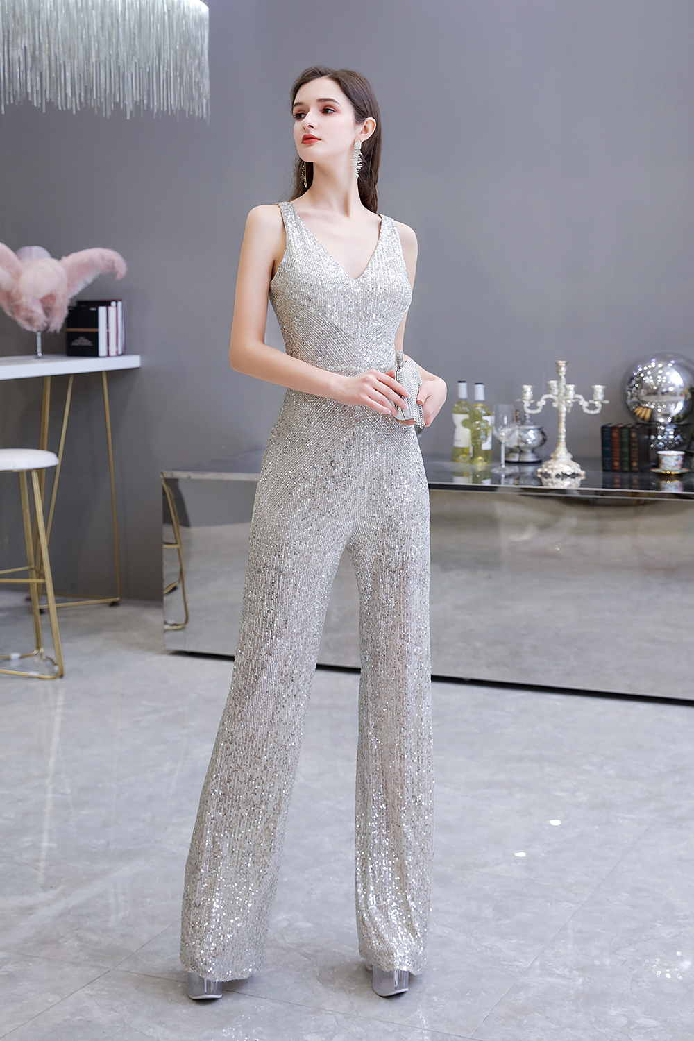 Women's Fashion V-neck Straps Sparkly Sequin Prom Jumpsuit