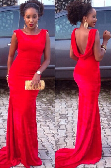 Red Mermaid Backless Prom Dresses Custom Made Sweep Train Evening Gowns