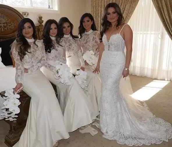 Lace Two-Piece Cheap High-Neck Mermaid Long-Sleeve Bridesmaid Dress