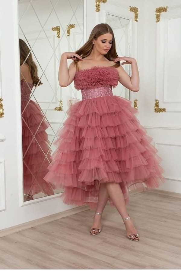 Romantic Strapless Backless High Low A-Line Party Dress With Tulle Layers