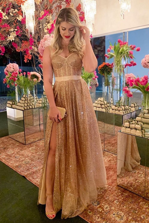 Modern Strapless Floor Length Belted Prom Dresses with Side Slit | Long Sparkly Evening Dresses