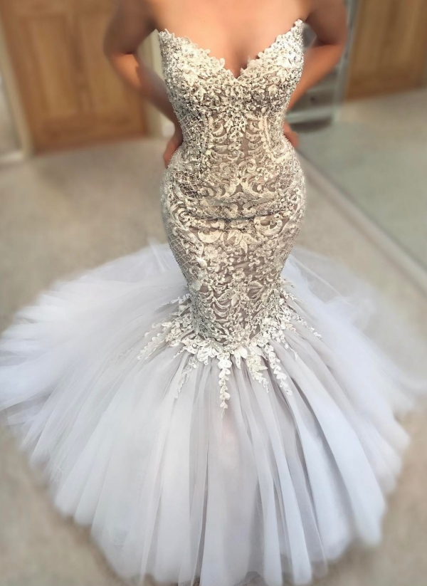 Delicate Appliques Mermaid Wedding Dress | Sweetheart Neck Tulle Skirt Bridal Gowns
