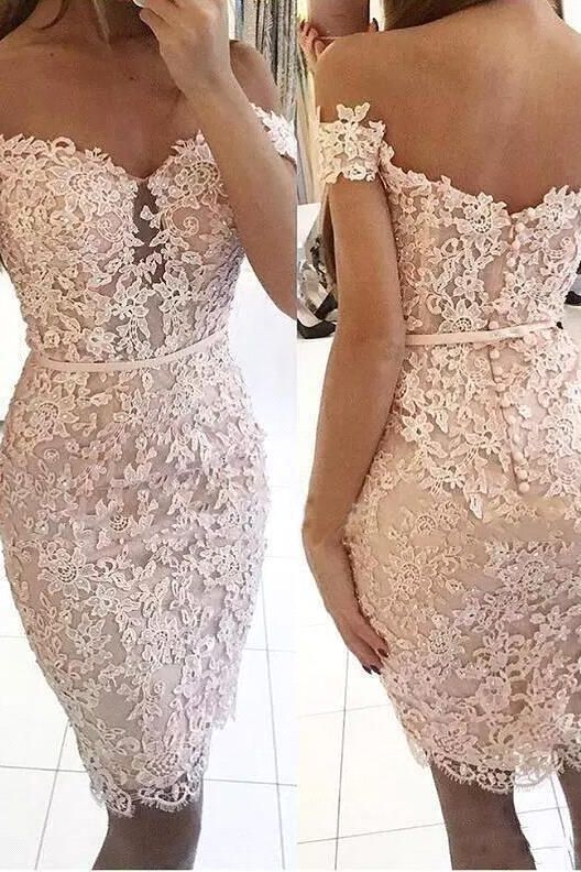 Sexy Short Sheath Off-the-Shoulder Lace Buttons Homecoming Dress