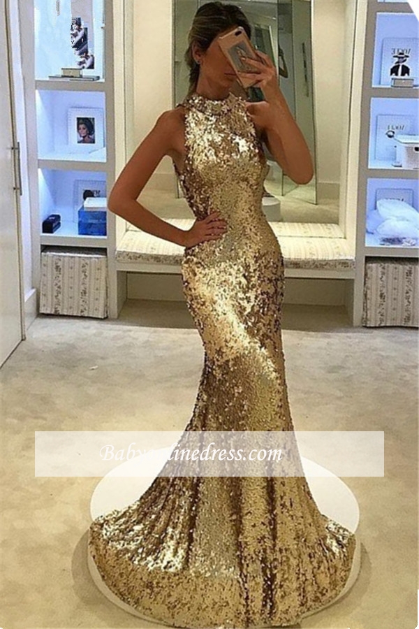 Long Mermaid Sleeveless Sequins Elegant Prom Dress
