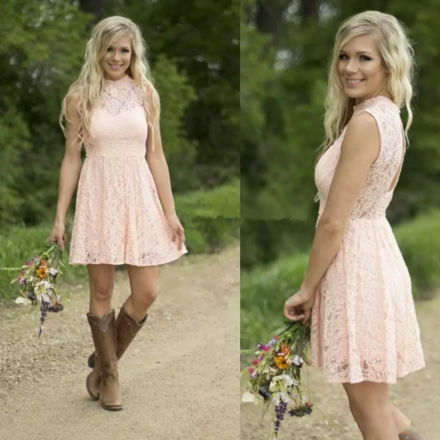 Pink Short Lace Bridesmaid Dresses | Hollow Back Country Wedding Party Dress