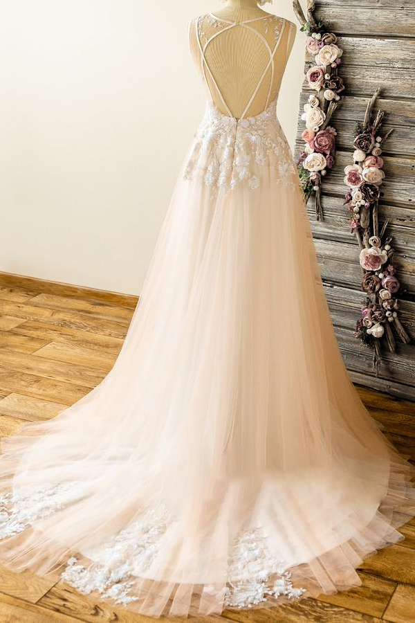 V-neck Sleeveless Appliques Tulle A-line Unique Wedding Dresses