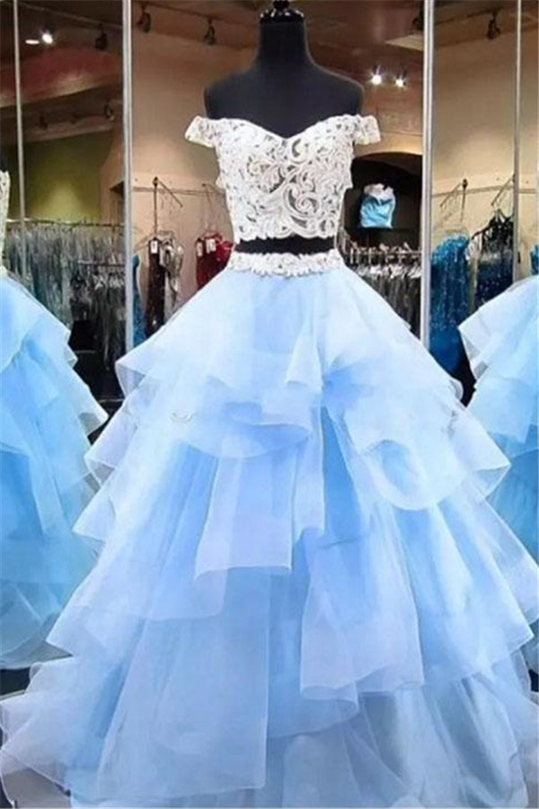 Gorgeous Applique Off-the-Shoulder Prom Dresses Two Piece Sheer Sleeveless Sexy Evening Dresses