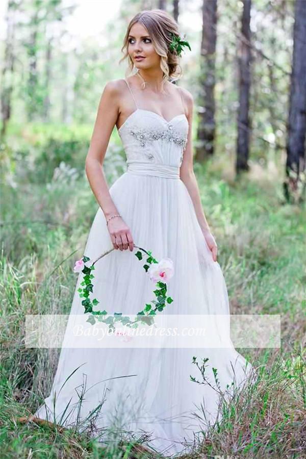 Cheap Simple A-Line Spaghetti Straps Tulle Wedding Dress with Beadings