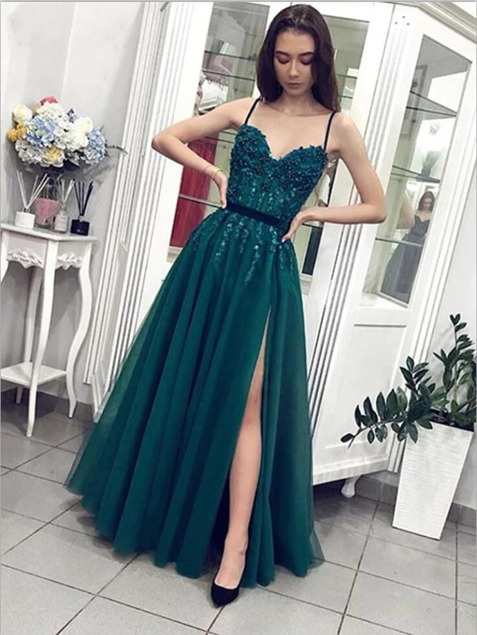 Elegant Tulle Spaghetti Straps A-Line Sweetheart Prom Dress With Pearl Split