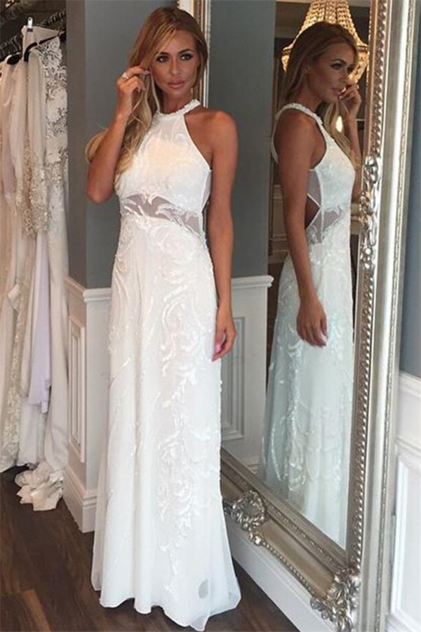 Chic Lace Halter Applique Prom Dresses Cheap Mermaid Sleeveless Sexy Evening Dresses