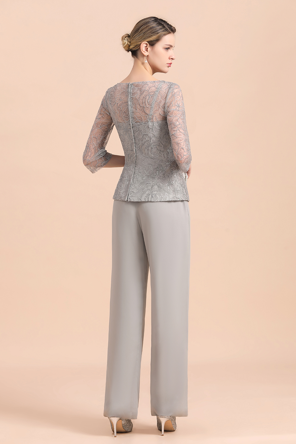 Gorgeous Grey Round Neck Half Sleeves Lace Mother of Bride Jumpsuits