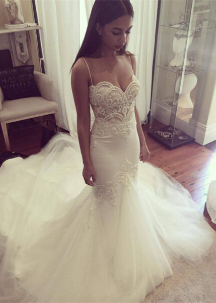 Mermaid Wedding Dresses Spaghettis Straps Delicate Lace Appliques Bridal Gowns
