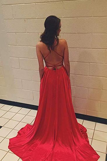 Chic Red Halter Lace-UpProm Dresses Sleeveless Sexy Evening Dresses with Pocket