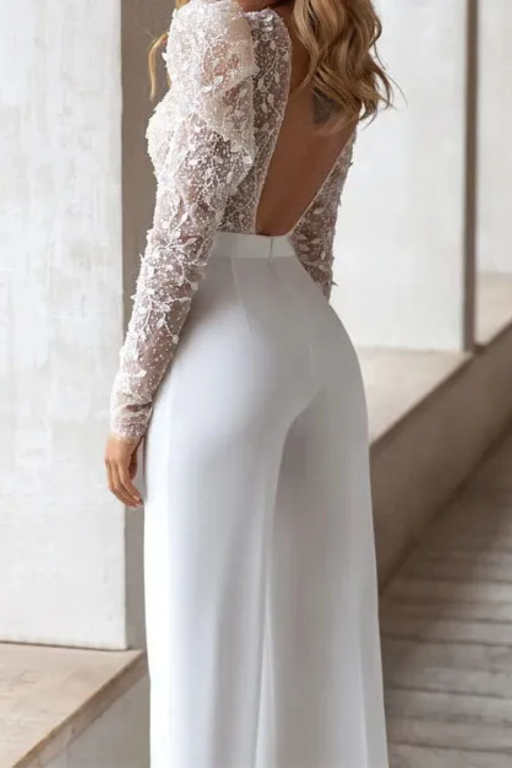 Cheap White Lace Long Sleeves Backless Jumpsuits for Women-Babyonlinedress