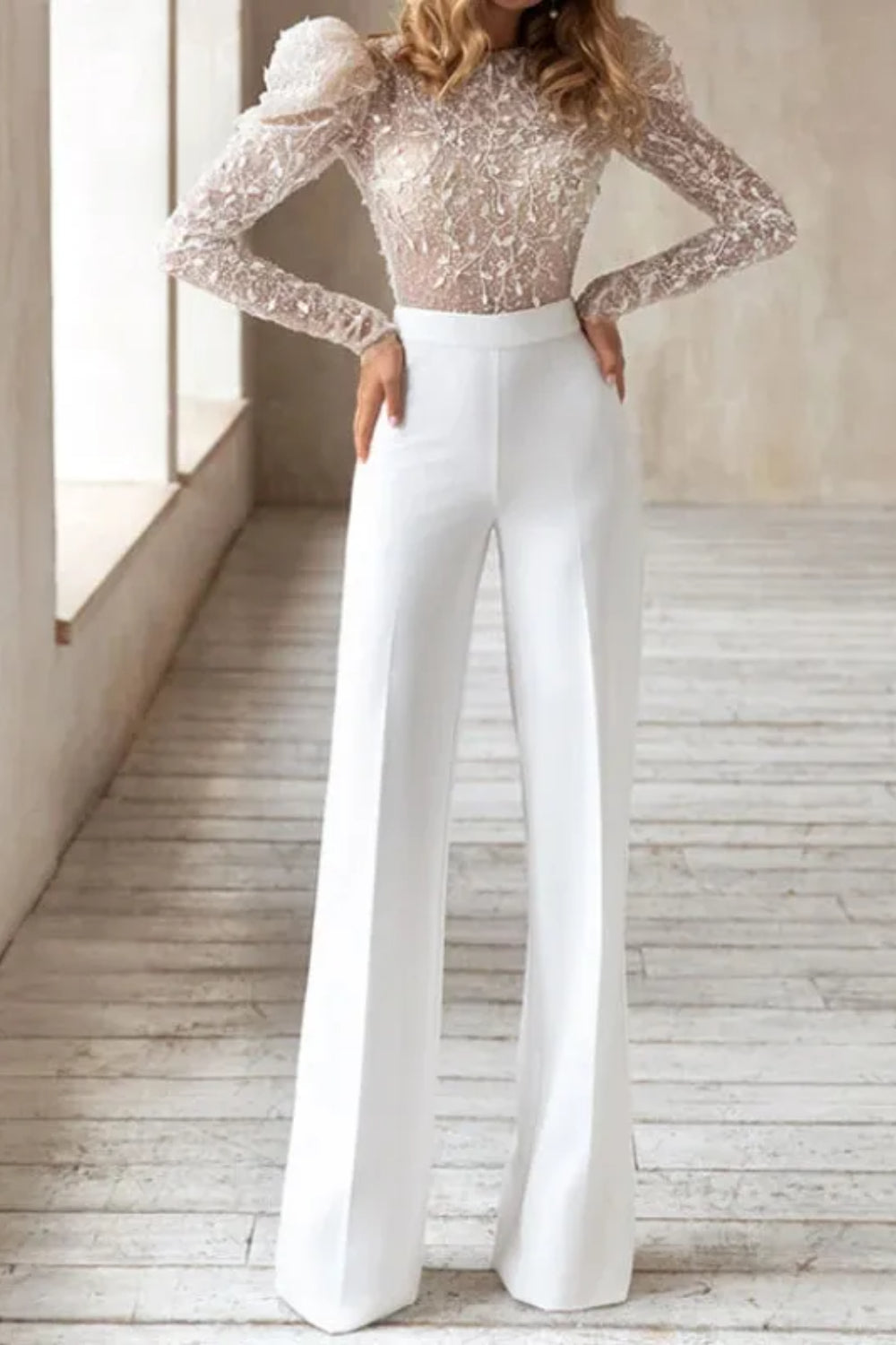 Cheap White Lace Long Sleeves Backless Jumpsuits for Women-Babyonlinedress