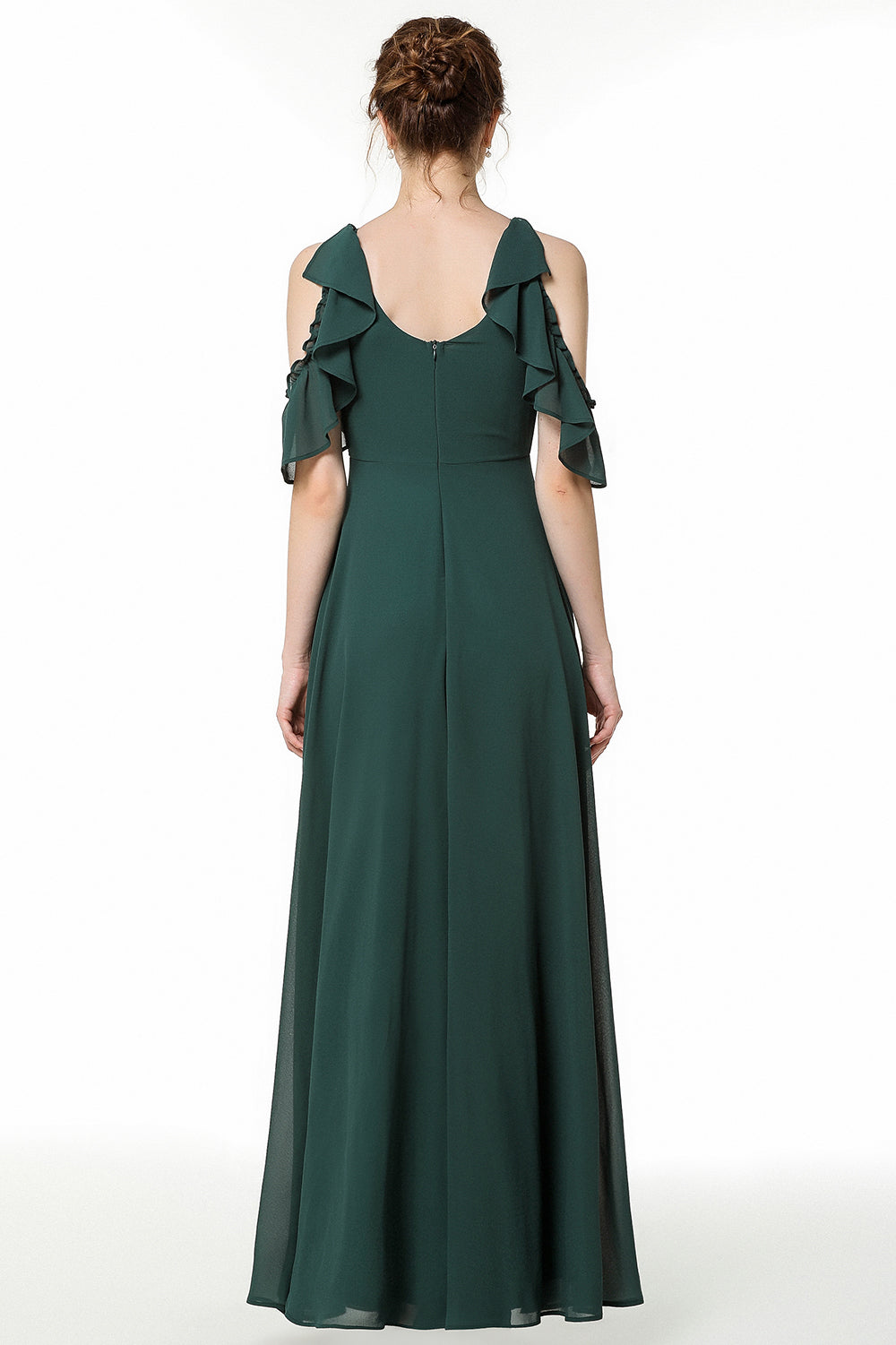 Chic Cold-shoulder Ruffle Dark Green Chiffon Bridesmaid Dresses Online-Babyonlinedress