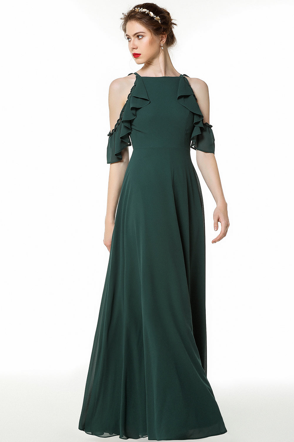 Chic Cold-shoulder Ruffle Dark Green Chiffon Bridesmaid Dresses Online-Babyonlinedress