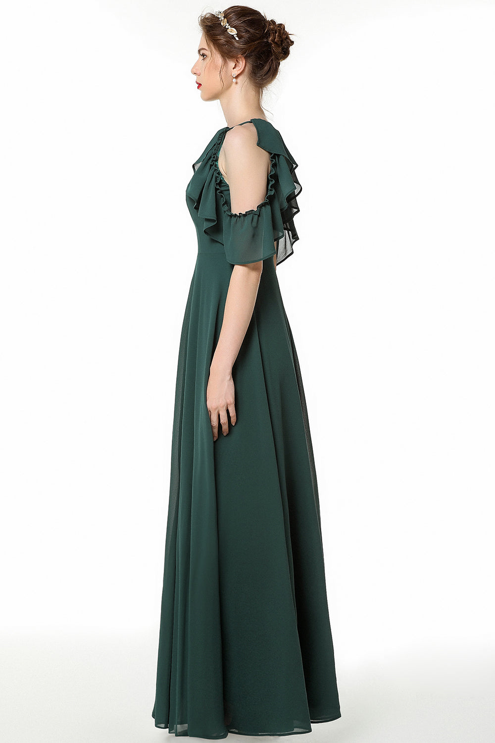 Chic Cold-shoulder Ruffle Dark Green Chiffon Bridesmaid Dresses Online-Babyonlinedress