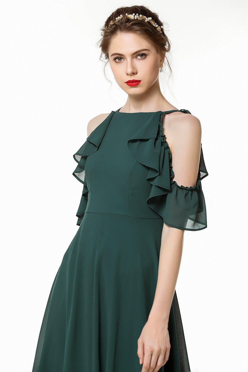 Chic Cold-shoulder Ruffle Dark Green Chiffon Bridesmaid Dresses Online-Babyonlinedress