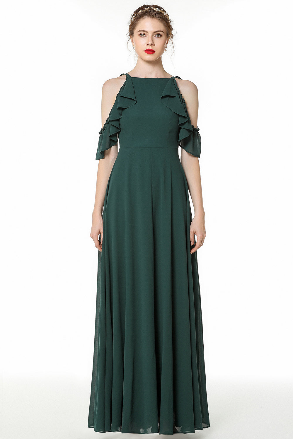 Chic Cold-shoulder Ruffle Dark Green Chiffon Bridesmaid Dresses Online-Babyonlinedress