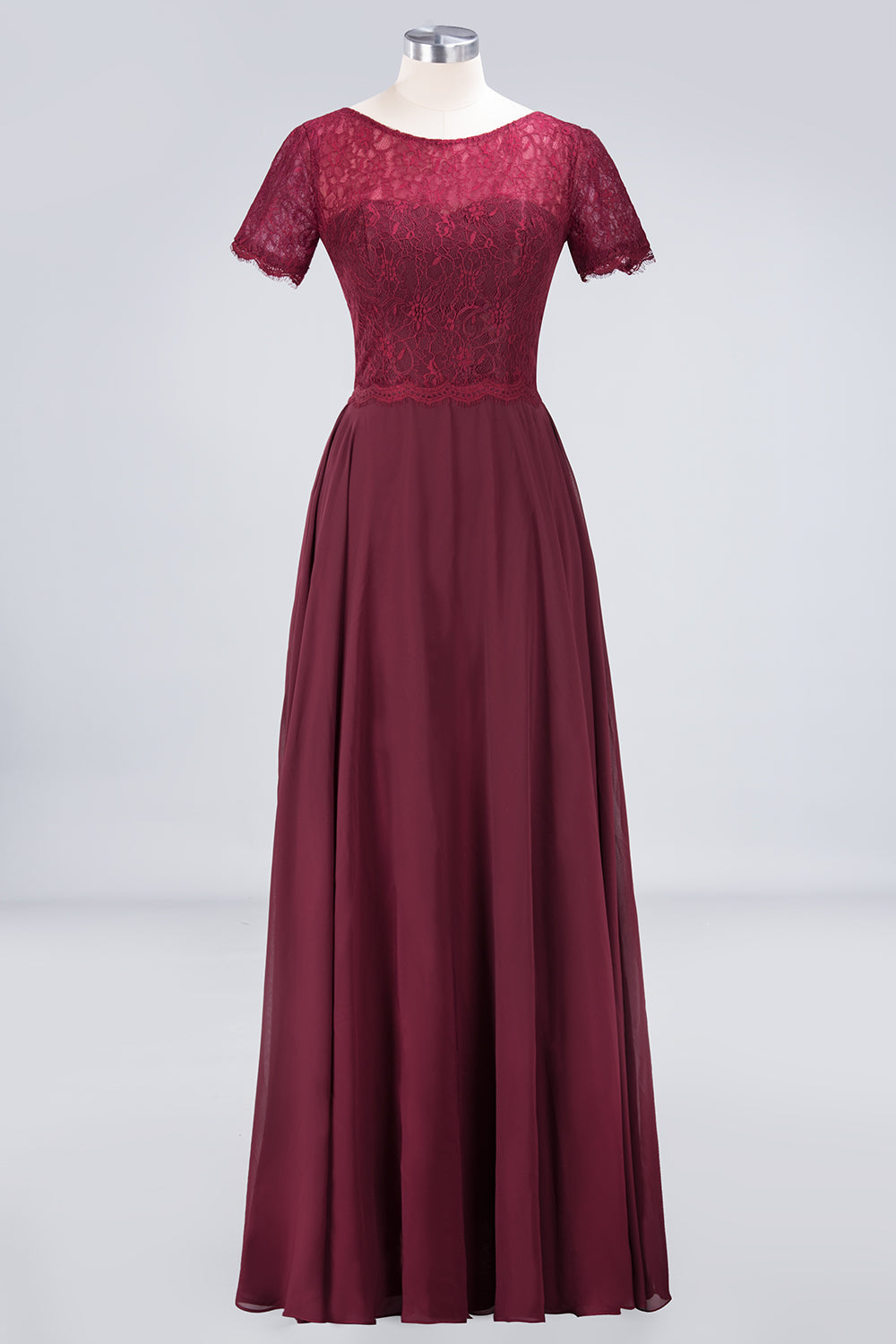 Chic Lace Long Burgundy Backless Bridesmaid Dress With Short-Sleeves-Babyonlinedress