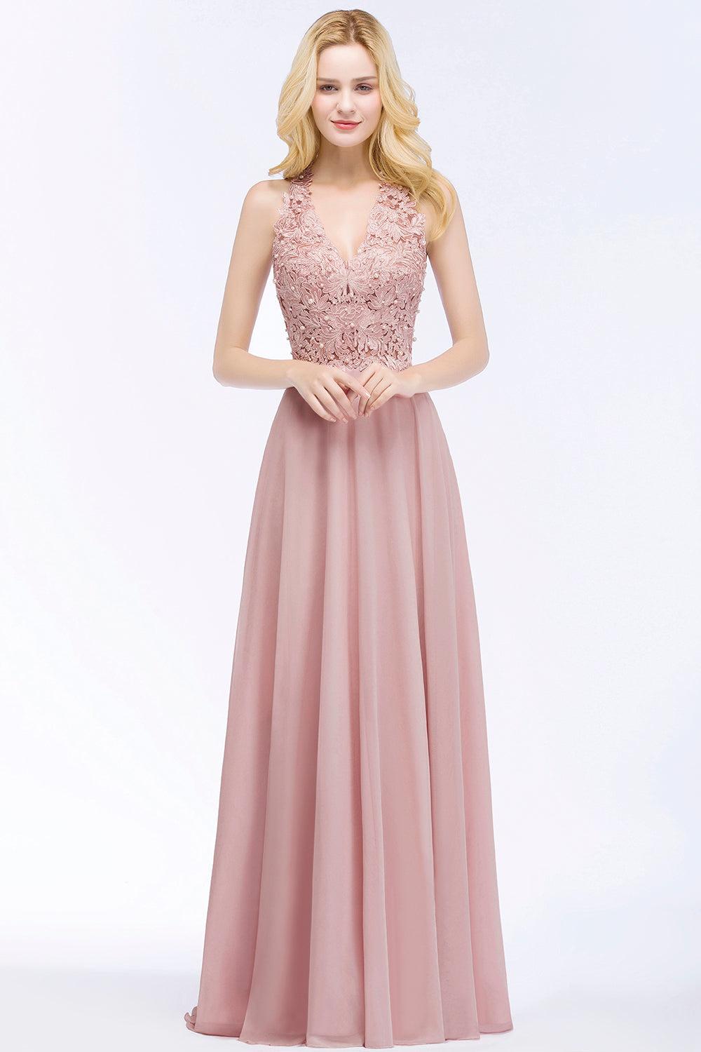 Chic Lace V-neck Pink Chiffon Bridesmaid Dress with Pearls-Babyonlinedress