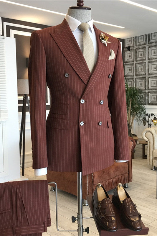 Chic Men Suit Deep Red Peaked Lapel Double Breasted Striped Slim Fit Suits-Babyonlinedress