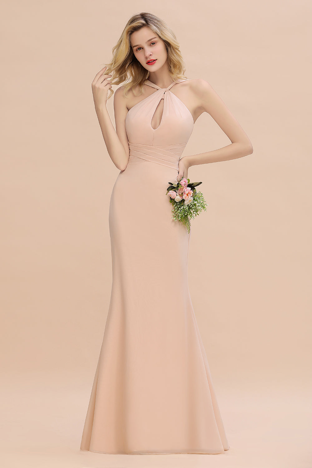 Chic Mermaid Keyhole Pink Chiffon Long Bridesmaid Dress Affordable with Ruffle-Babyonlinedress