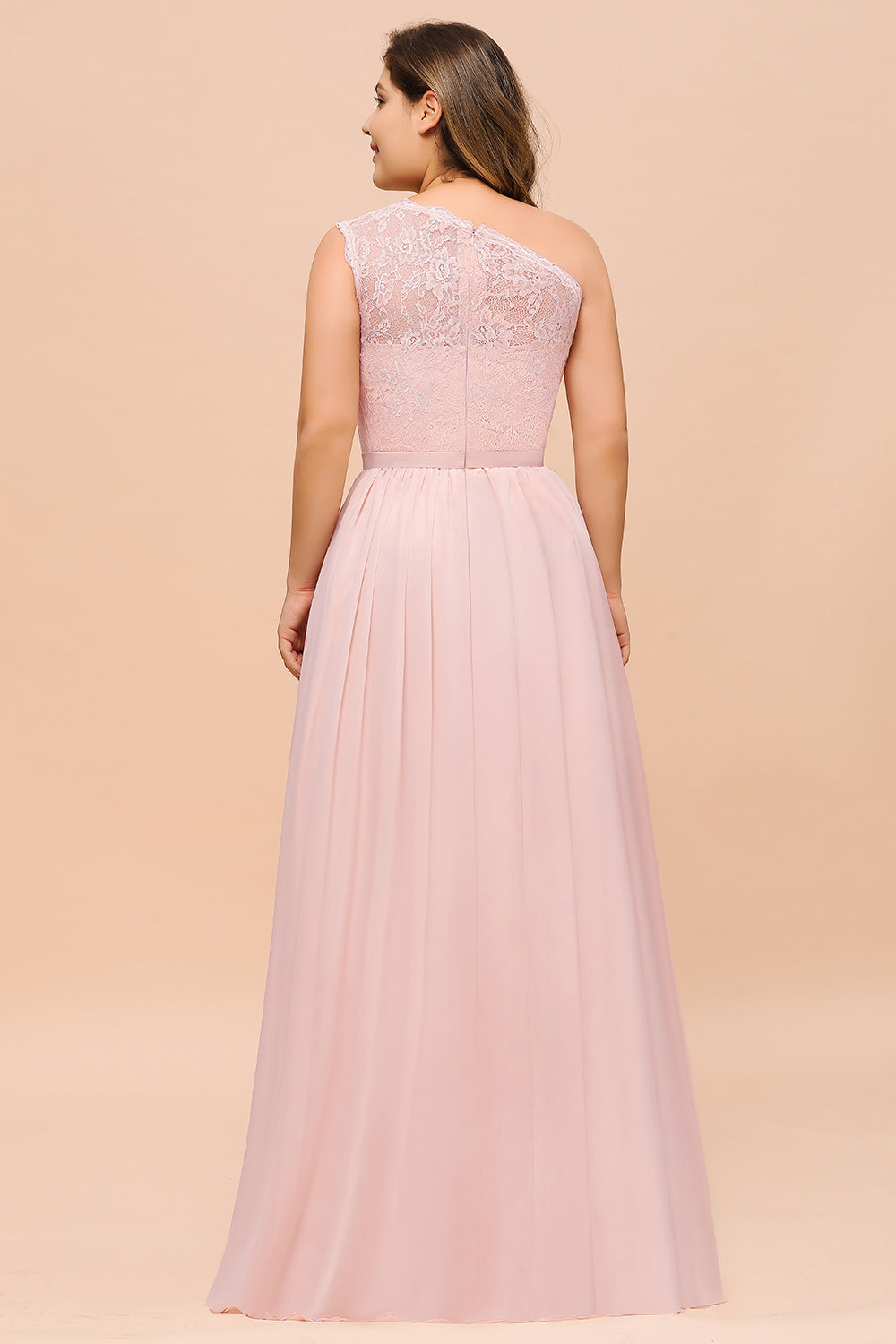 Chic One-Shoulder Pink Lace Bridesmaid Dresses with Slit-Babyonlinedress