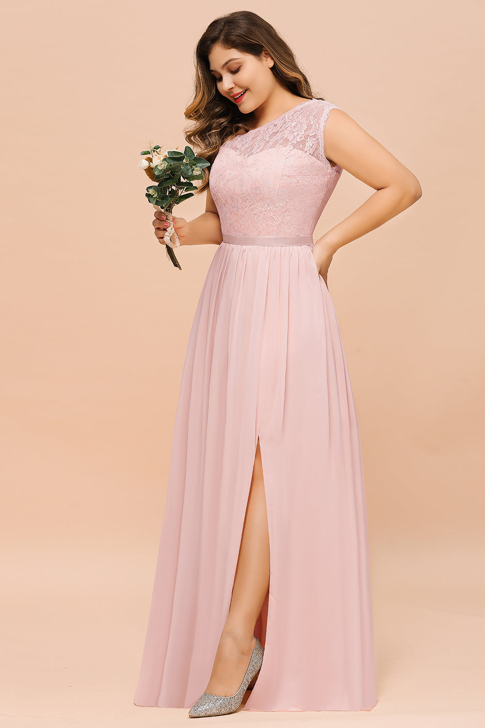 Chic One-Shoulder Pink Lace Bridesmaid Dresses with Slit-Babyonlinedress