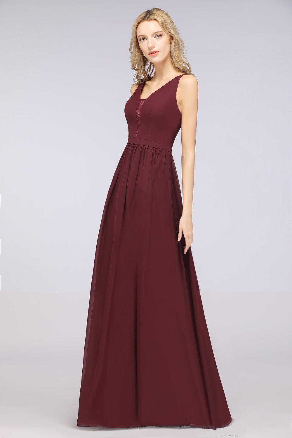 Chic Ruffles Straps Chiffon Lace Burgundy Bridsmaid Dress Online-Babyonlinedress