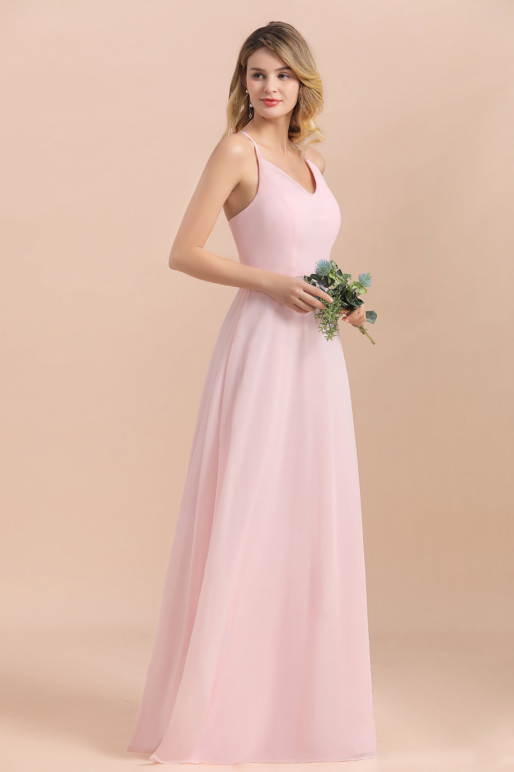 Chic Spaghetti Straps Chiffon Pink Bridesmaid Dresses with Crisscross Back-Babyonlinedress