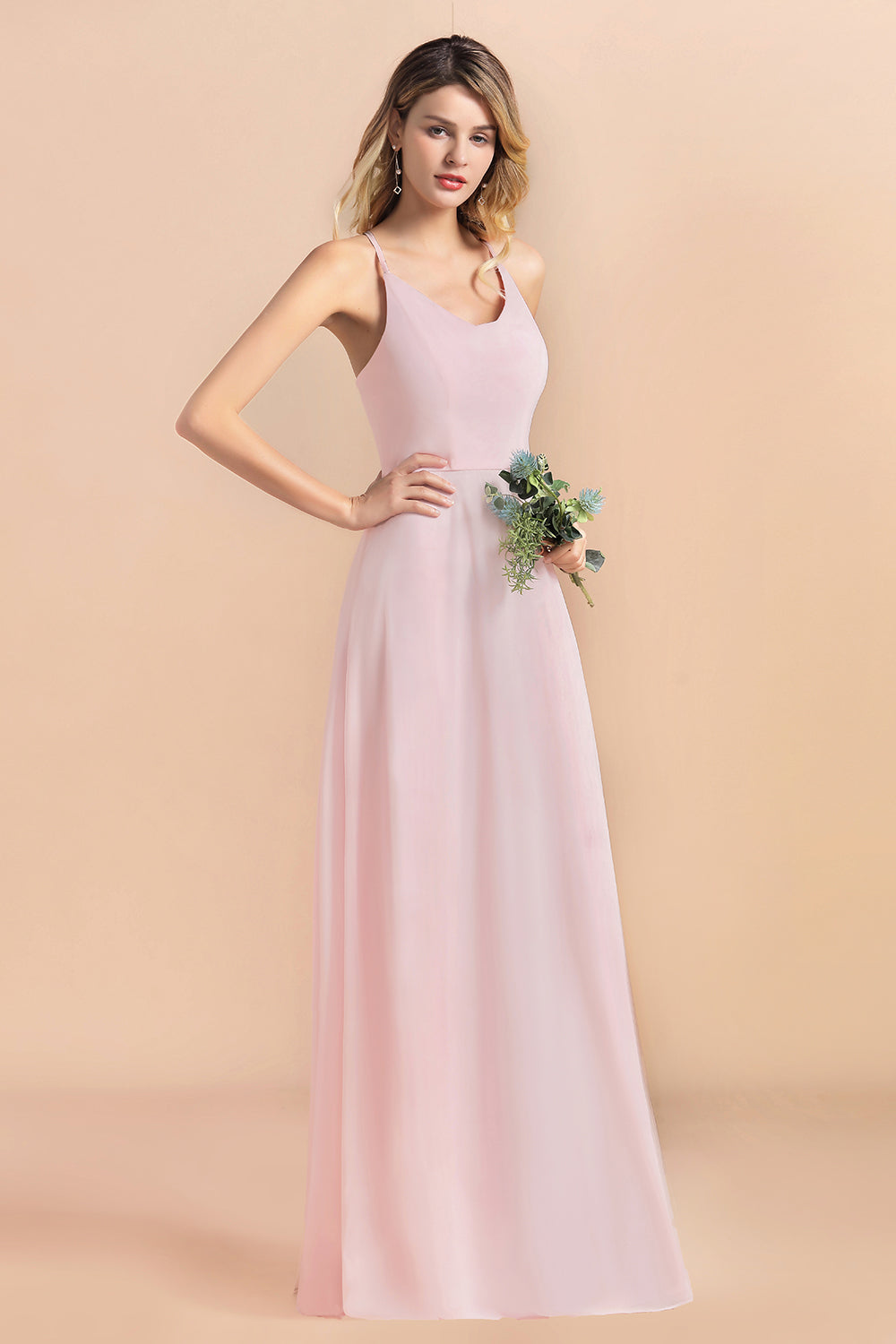 Chic Spaghetti Straps Chiffon Pink Bridesmaid Dresses with Crisscross Back-Babyonlinedress