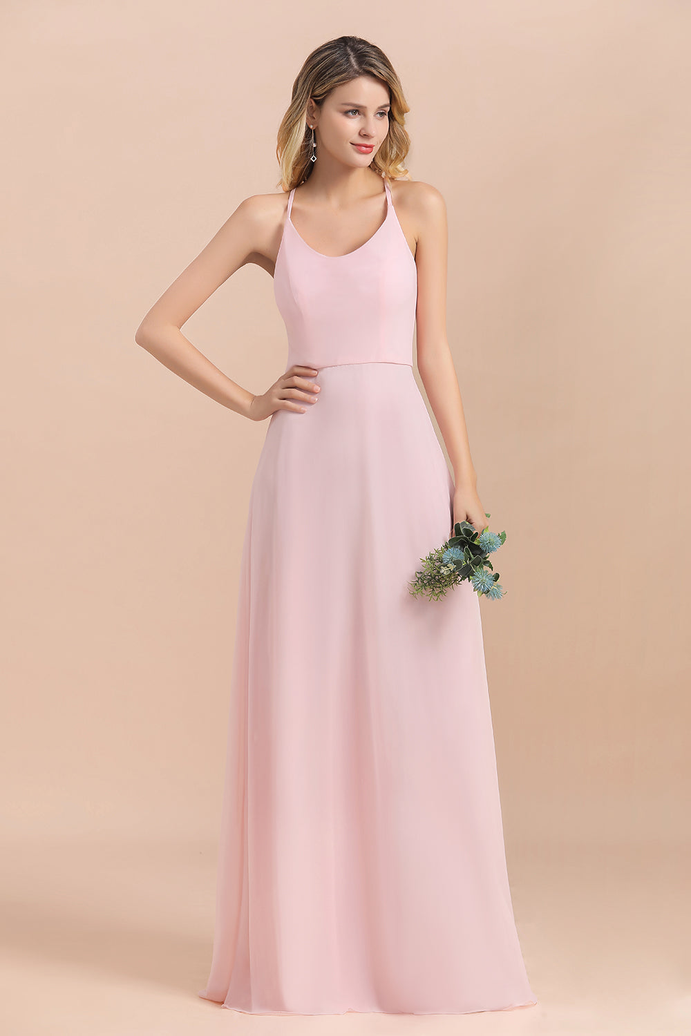 Chic Spaghetti Straps Chiffon Pink Bridesmaid Dresses with Crisscross Back-Babyonlinedress