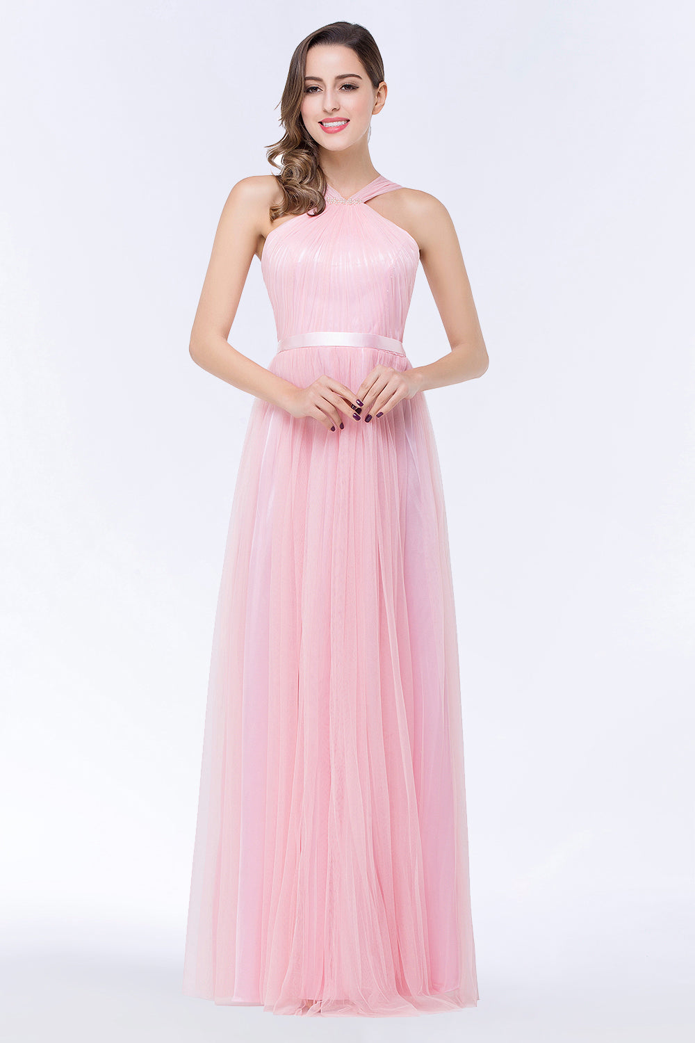 Chic Tulle Ruffle Halter Sleeveless Pearls Bridesmaid Dress with Sash-Babyonlinedress