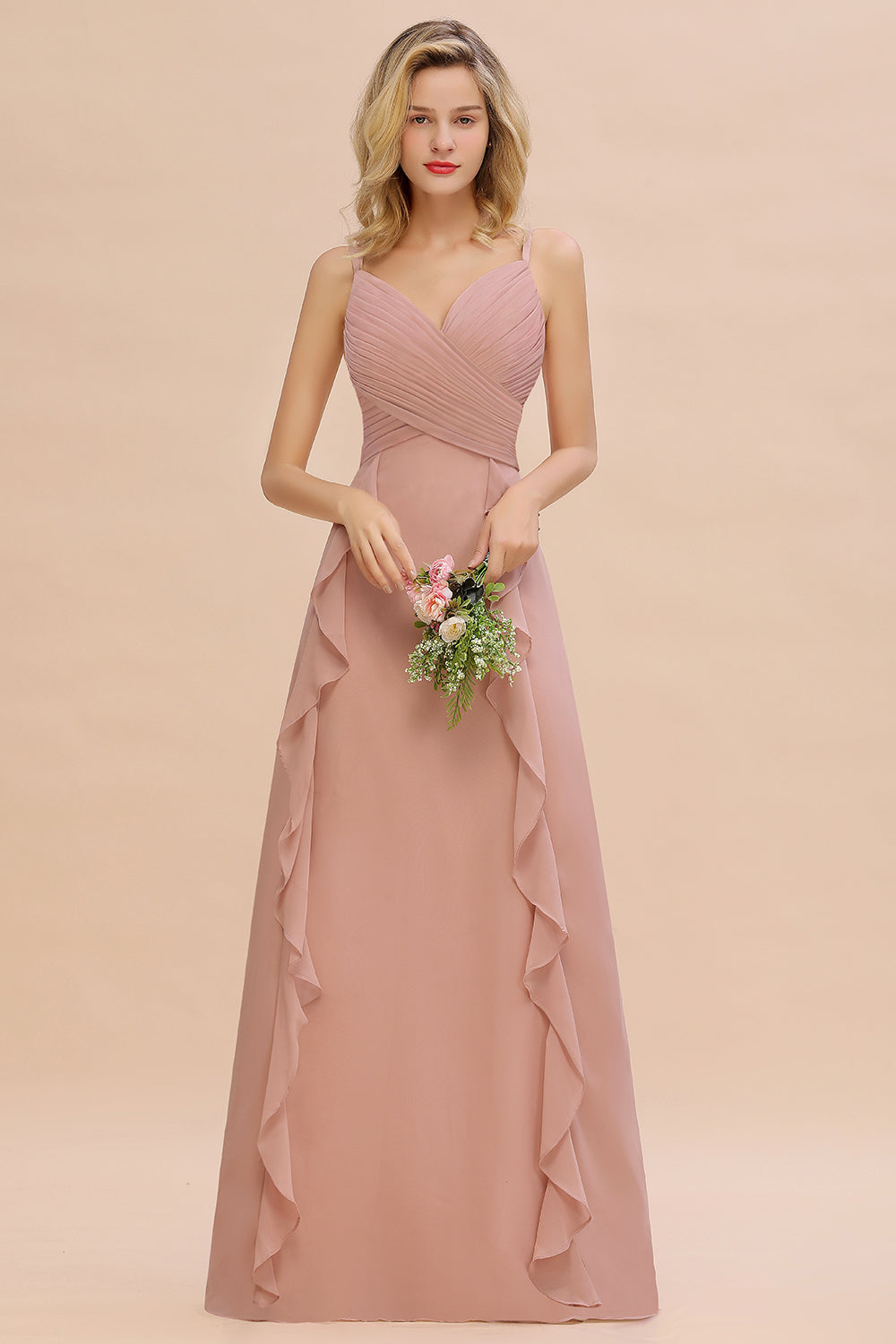 Chiffon Long Sleeveless Bridesmaid Dress with Cascading Ruffles-Babyonlinedress