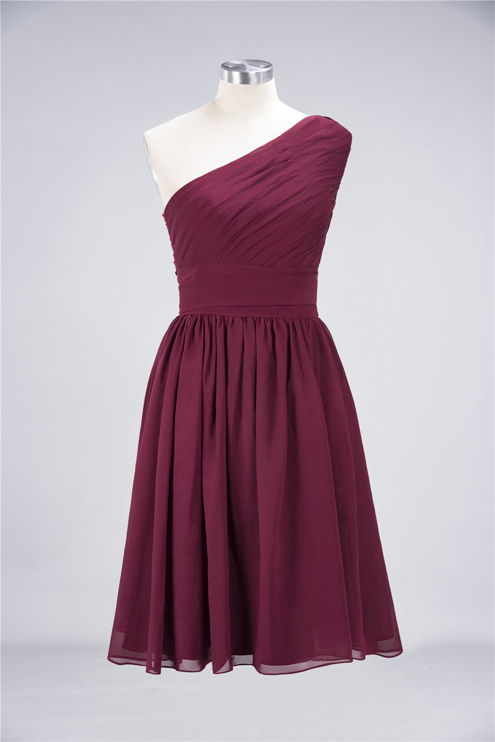 Chiffon One Shoulder Ruffle Short Burgundy Bridesmaid Dresses Online-Babyonlinedress