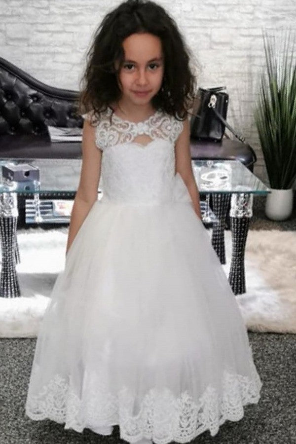 Cute Long A-line Bateau Appliques Lace Pearl Train Flower Girl Dress-Babyonlinedress