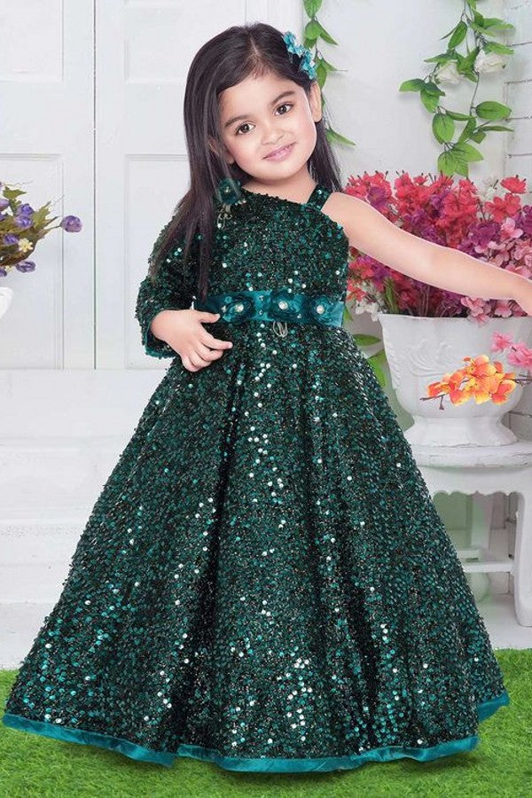 Cute Long A-line One Shoulder Long Sleeve Sequins Flower Girl Dress With Sash-Babyonlinedress