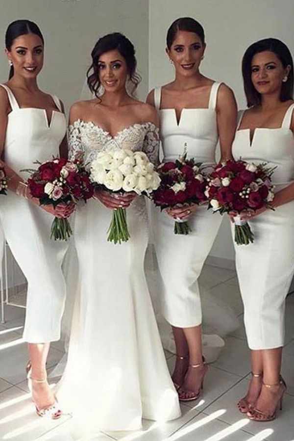 Modest Sleeveless Tea-Length White Straps Bodycon Bridesmaid Dress