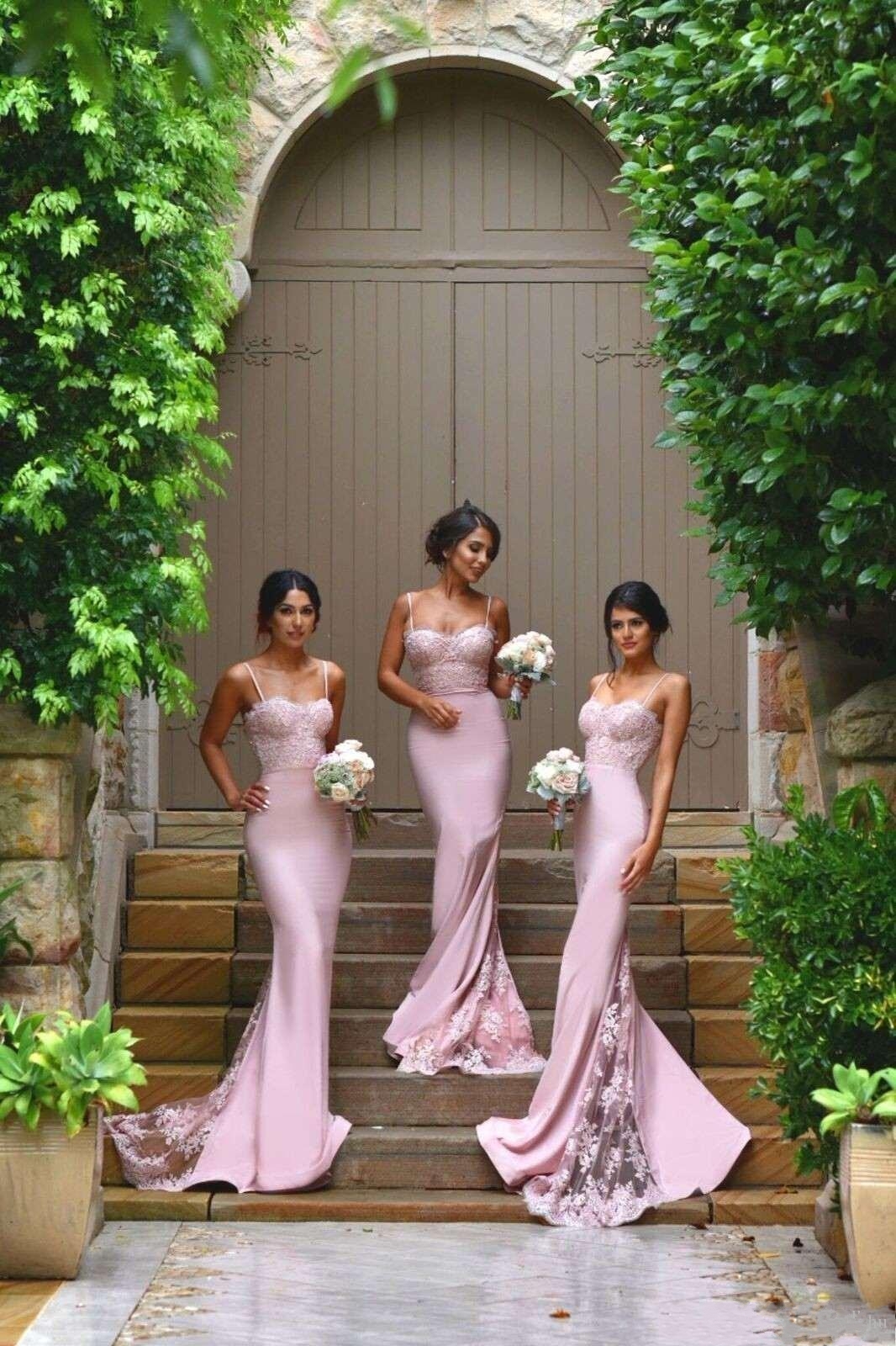 Pink Mermaid Bridesmaid Dresses Lace Spaghetti Straps Elegant Maid of Honor Dresses