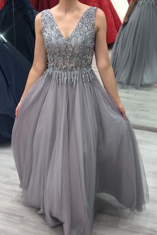 Elegant V-neck A-Line Tulle Evening Party Dress Sequins Backless Prom Dress