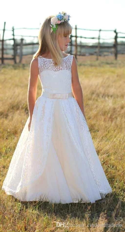 Jewel Cute Lace White Cheap Flower Girl Dresses with Sash