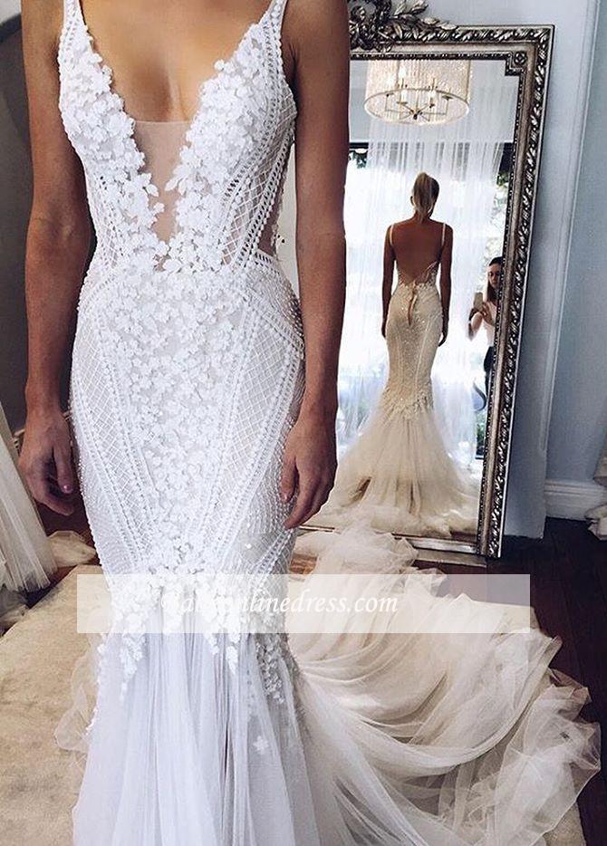 Elegant Open-Back Appliques V-Neck Mermaid Wedding Dresses