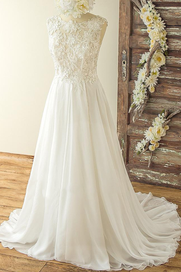 Jewel Sleeveless Lace Appliques Simple A-line Wedding Dresses