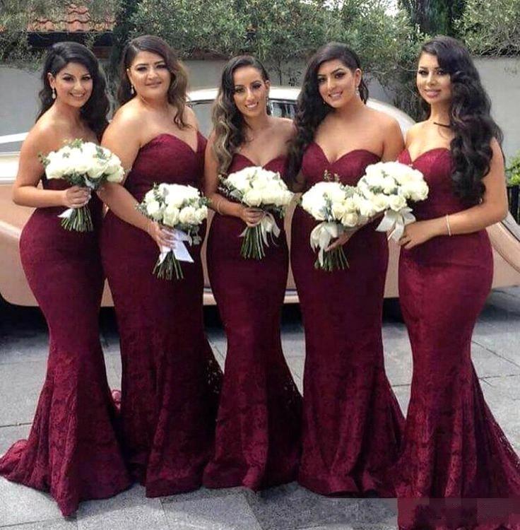 Sweetheart-Neck Lace Long Mermaid Burgundy Bridesmaid Dress