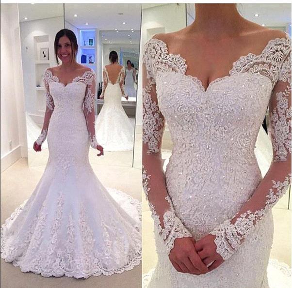 Off-the-Shoulder Lace Sleeves Long Elegant Fit and Flare Wedding Dresses