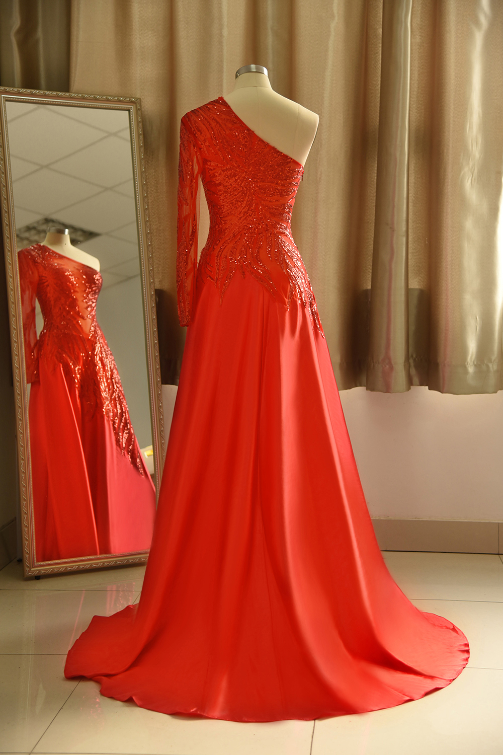 One Shoulder Sheer A-line Red Sexy Prom Dresses | Formal Evening Dresses