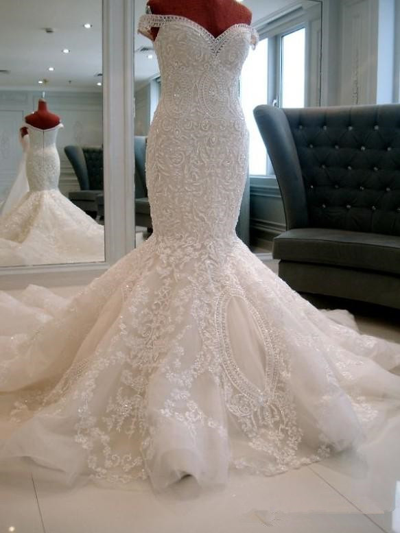 New Arrival Luxury Off Shoulder Pearls Appliques Lace Mermaid Wedding Dress